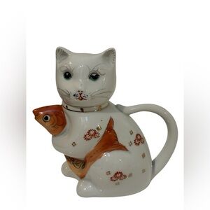 Vintage Lucky Cat with Koi Fish Teapot Tiny Chinese Asian Kitty Tea Pot Creamer